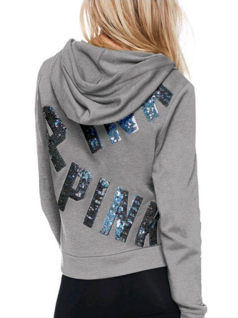 PINK Victoria's Secret Full Zip Lightweight Gray Hoodie with Blue Sequin Logo